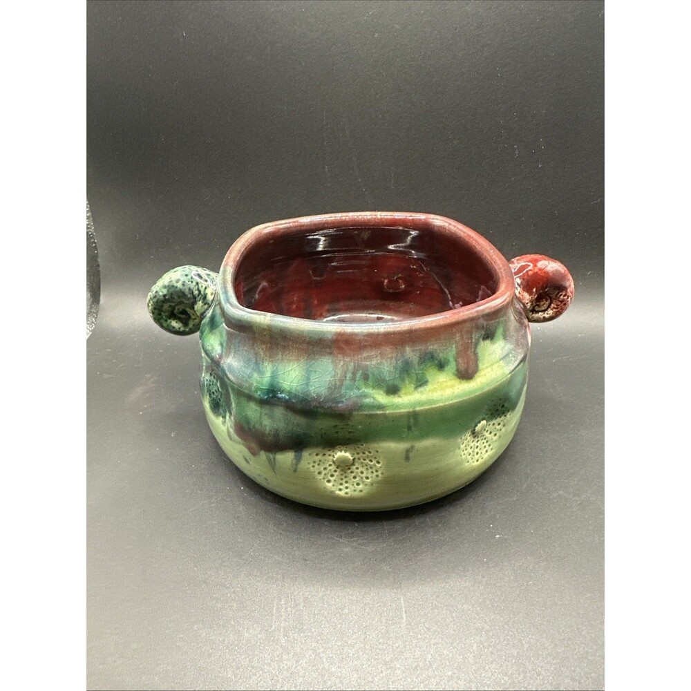 Art Pottery Glazed Stamped Flower Dish/Bowl Greens Reds